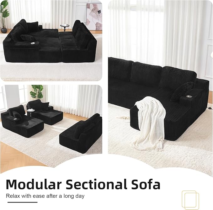 130" U-Shaped Modular Sectional Sofa with Chaise, Boneless Corduroy Flexible Module Seating for Living Room, Cloud Couch with Cup Holders and Side Pockets, No Assembly (Black)