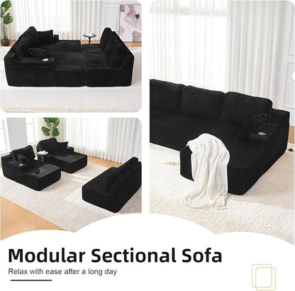 130" U-Shaped Modular Sectional Sofa with Chaise, Boneless Corduroy Flexible Module Seating for Living Room, Cloud Couch with Cup Holders and Side Pockets, No Assembly (Black)