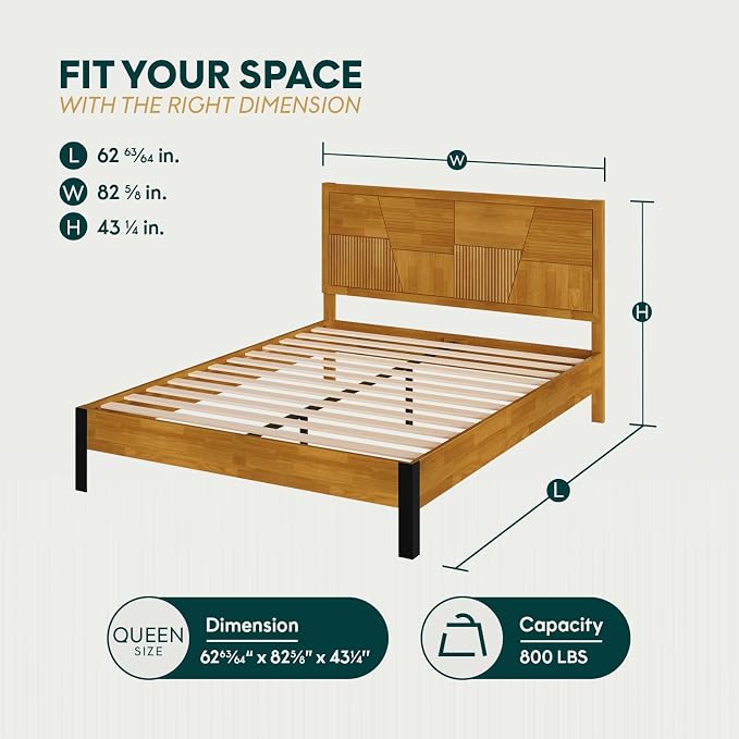 Bme Trapeze Queen Bed Frame – Modern Solid Wood Bed with Smooth Pattern Headboard, Black Metal Legs, Teak Brown Finish – Durable Queen Size Platform Bed for Contemporary Bedrooms