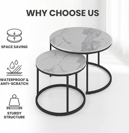 Living Room Side Table, Round Coffee Tables for Living Room, Modern Nesting Drink for Small Spaces, Set of 2 (Marble)