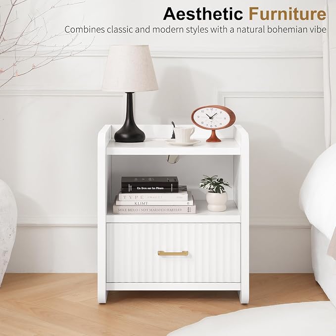 Night Stand with Charger Station - Modern Wood Nightstand with Drawer Storage, Fluted Wide Nightstands Bedside Table, Mid Century Night Stands for Bedroom Home Office Sofa, White