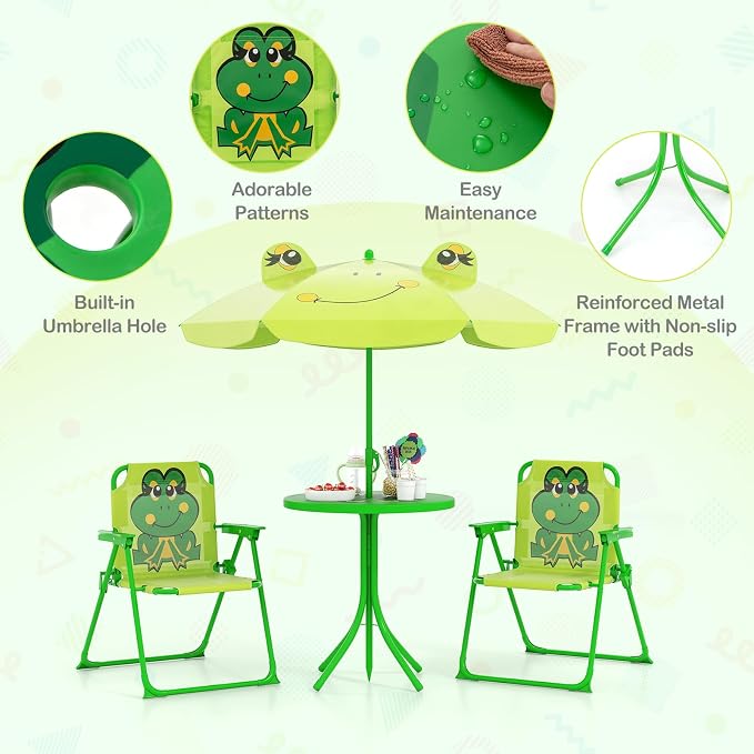 HONEY JOY Kids Picnic Table, Animal Themed Toddler Outdoor Table and Chair Set, 2 Folding Chairs & Removable Umbrella, Children Outdoor Furniture for Backyard Patio Garden (Light Green Frog)