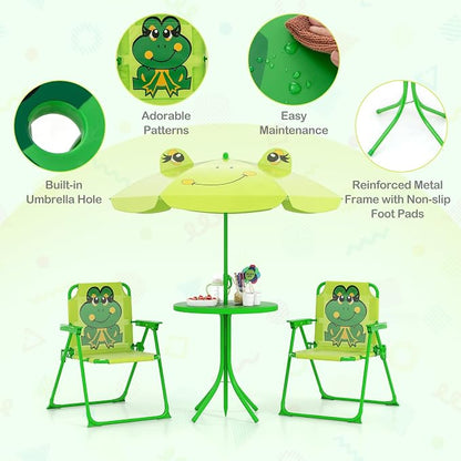 HONEY JOY Kids Picnic Table, Animal Themed Toddler Outdoor Table and Chair Set, 2 Folding Chairs & Removable Umbrella, Children Outdoor Furniture for Backyard Patio Garden (Light Green Frog)