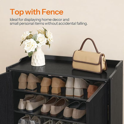HOOBRO Shoe Cabinet, 5-Tier Shoe Storage Organizer with Doors, Wooden Shoe Cabinet Storage for Entryway, Freestanding Shoe Rack Cabinet with 3 Adjustable Shelves for Hallway, Gold and Black DB41SC01