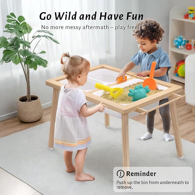 Easyego Toddler Sensory Table & Chair Set – Educational Kids Table for Sand and Water Play with Foldable Storage Bins, Ideal Gift for Children - Wood Color