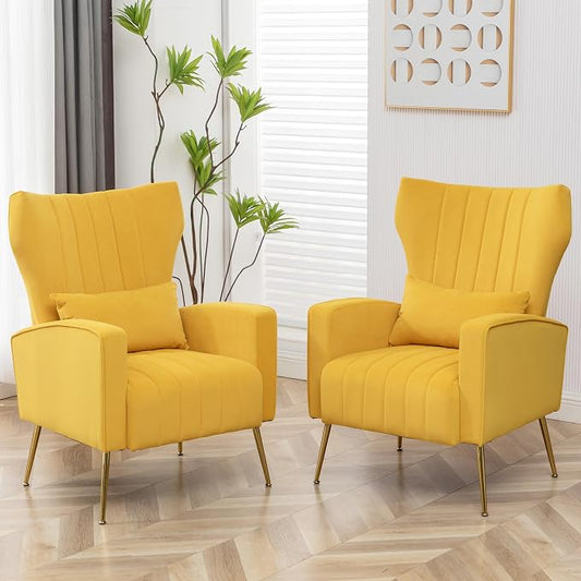 Modern Accent Chairs Set of 2, Comfy Wingback Armchair with Pillow Upholstered Sofa Chair Reading Chair for Bedroom, Living Room, Small Spaces Yellow Velvet