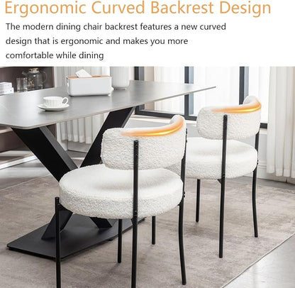 Cinxzar White Boucle Dining Chairs Set of 4, Upholstered Dining Room Chairs with Black Metal Legs, Round Modern Dining Chair for Dining Room, Kitchen