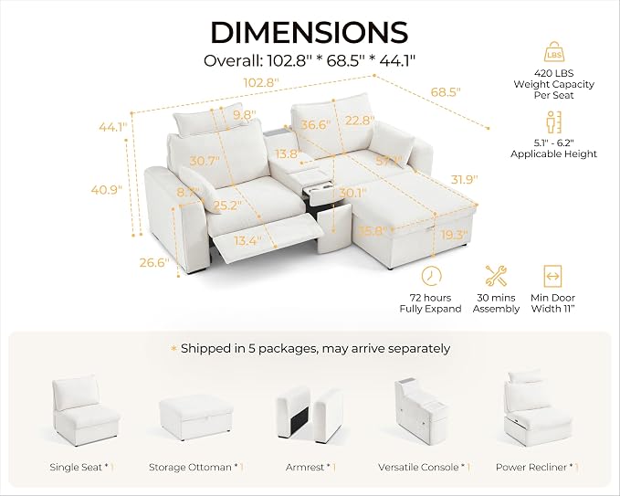 102.8'' Loveseat Power Recliner Sofa with Headrest, Oversized Cloud Modular Sectional Couch with Table, Drawer, Charging, 3-Seater with Storage Ottoman for RV Home Theater, Chenille, White