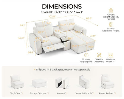 102.8'' Loveseat Power Recliner Sofa with Headrest, Oversized Cloud Modular Sectional Couch with Table, Drawer, Charging, 3-Seater with Storage Ottoman for RV Home Theater, Chenille, White