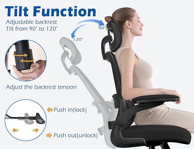 TRALT Ergonomic Office Chair - Desk Chair with Adjustable Headrest Lumbar Support Computer Chair - Mesh Comfy Chair with Flip-up Armrests - Gaming Chairs for Adults Home Office (Leather, Black)