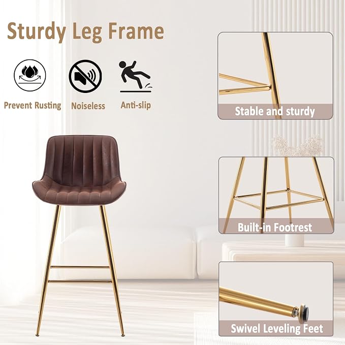 Sidanli Velvet Bar Stools Set of 2, Armless Bar Chairs with Gold Metal Legs, 29inch Counter Height Kitchen Island Stools with Back, Brown