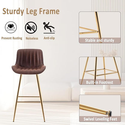 Sidanli Velvet Bar Stools Set of 2, Armless Bar Chairs with Gold Metal Legs, 29inch Counter Height Kitchen Island Stools with Back, Brown