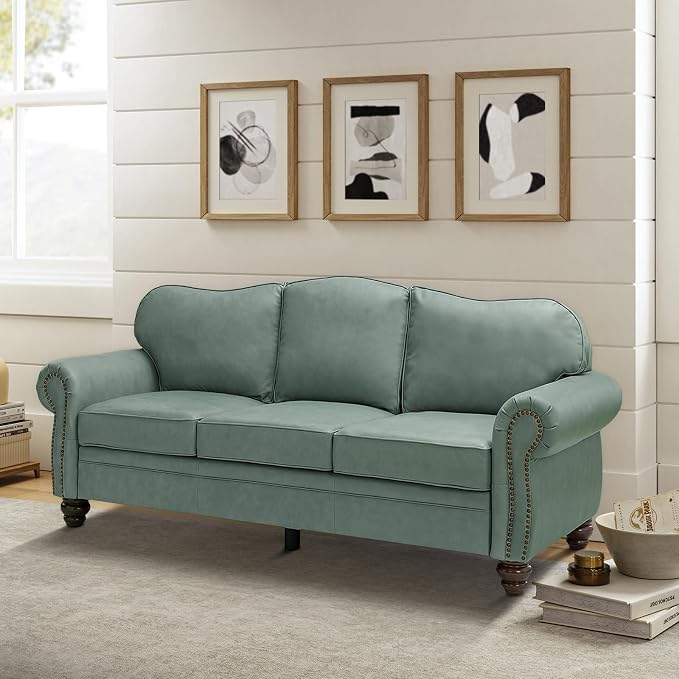 81" Genuine Leather Sofa, Classic 3-Seater Couchs with Wood Legs, Stylish & Comfortable Sofa for Living Room or Office, Easy Assembly and Maintain & Long-Lasting, Sage