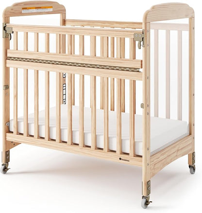 Foundations Serenity SafeReach Clearview Crib, Natural, Adjustable Mattress Board, Compact Wooden Baby Crib, Clear End Panels for Child Visibility, Includes 3” Foam Mattress