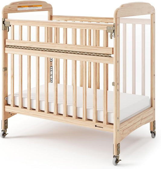 Foundations Serenity SafeReach Clearview Crib, Natural, Adjustable Mattress Board, Compact Wooden Baby Crib, Clear End Panels for Child Visibility, Includes 3” Foam Mattress