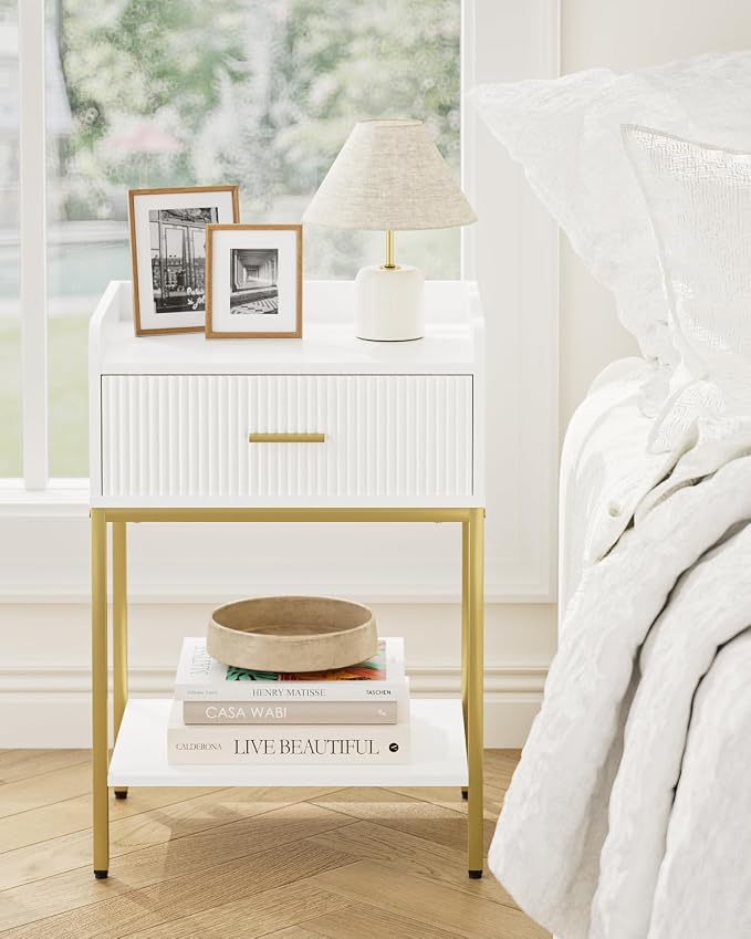 Night Stand, 3-Tier Bed Side Table, Small End Table, Nightstand with Open Shelf and Drawer, Bedside Table for Bedroom, Living Room, White