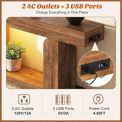 Homieasy Console Table, 63" Entryway Table with LED Lights & Charging Station, Farmhouse Wooden Sofa Table Behind Couch, Narrow Hallway Table for Living Room, Foyer, Entry, Rustic Oak