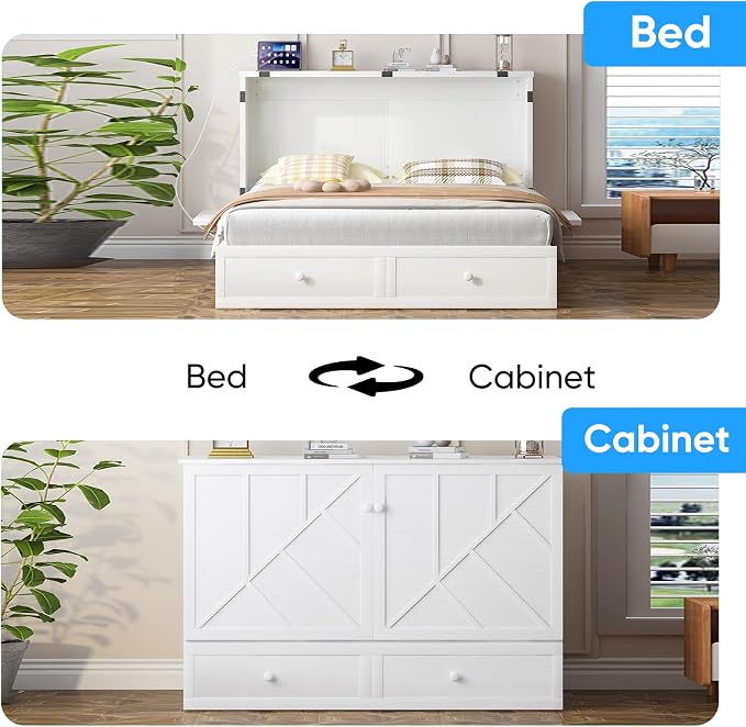 PUREMIND Queen Murphy Bed, Hideaway Murphy Cabinet Bed with 2 Storage Drawers, Space-Saving Chest Beds with USB Charging Ports and Headboard for Bedroom, Guest Room, White