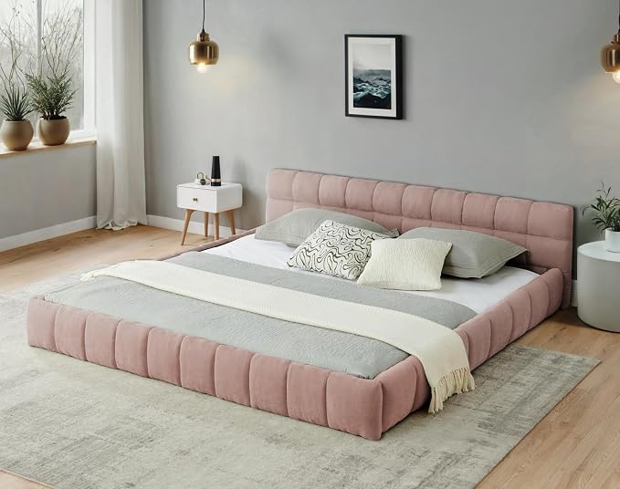KEIKI California King Thick Chenille Platform Bed Frame with Upholstered Tufted Headboard, Modern Solid Wood Floor Platform for Bedroom, No Box Spring Needed