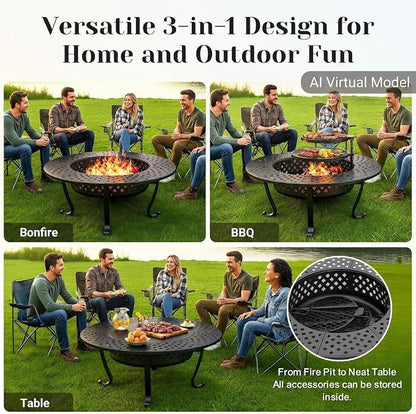 Outdoor Fire Pit, 43" Fire Pit for Outside Wood Burning with Adjustable 2 Grills, Firepit with Lid and Fire Poker, BBQ, Bonfire, Round Outdoor Fireplace 3 in 1 for Patio, Backyard, Garden, Camping