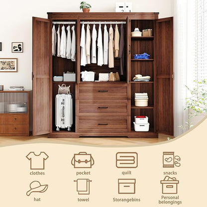 Farmhouse Wooden Armoire Storage Cabinet with Adjustable Shelves & Hanging Rod, 4 Doors Wardrobe Armoire Closet with Drawers,70" Freestanding Clothing Storage Cabinet for Bedroom (4 door, Brown-1)