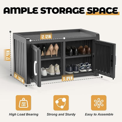 ROJIK Shoe Bench Waterproof UV-Resistant, 2-Tier Storage Cabinet for Outdoor Indoor with Adjustable Shelves, for Entryway Bedroom, Hallway, Living Room(Double Door Premium,Black)