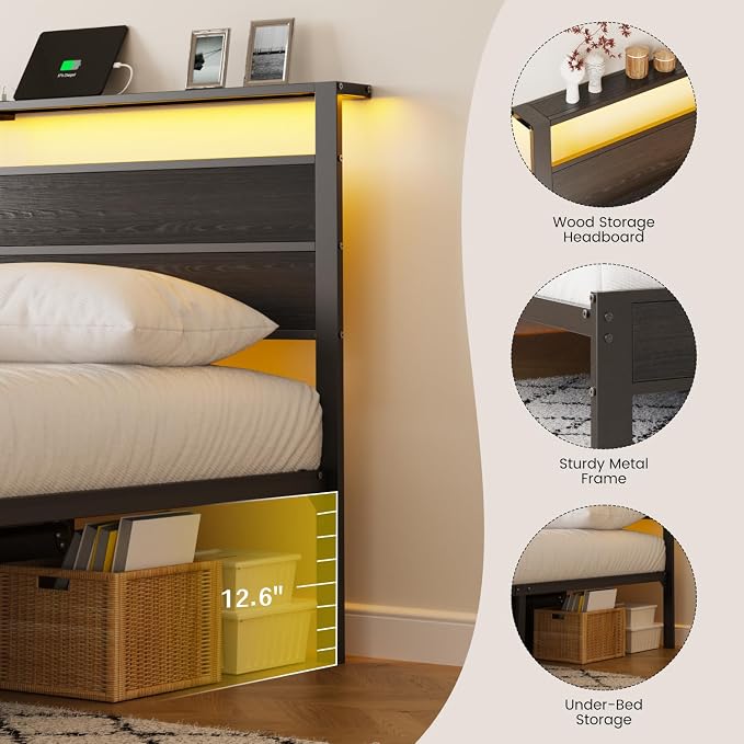 Black Twin Bed Frame with LED Lights and USB Charging Station, Modern Metal Platform Bed with Storage Headboard and Under-Bed Space, Noise Free, Sturdy Frame, No Box Spring Needed, Easy Assembly