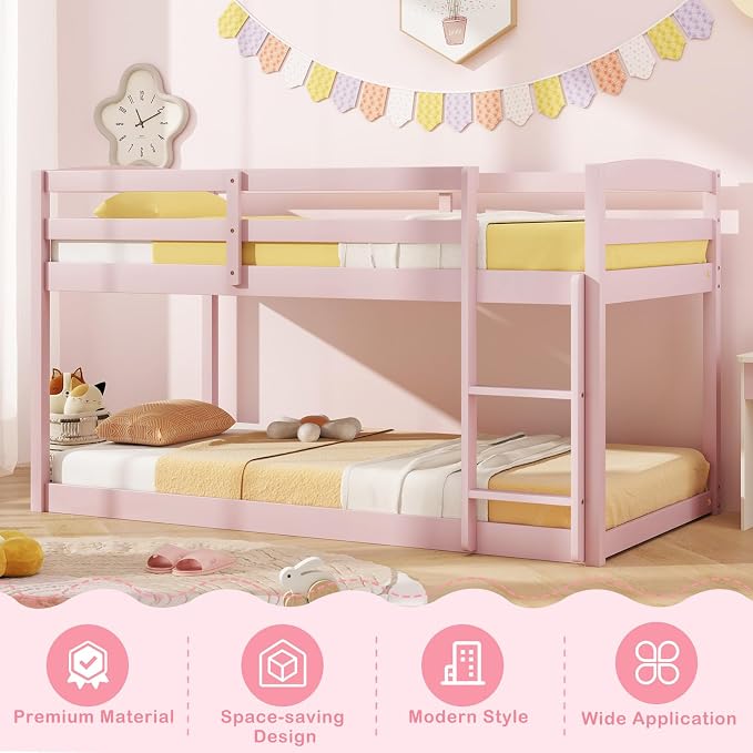 MAT EXPERT Bunk Bed Twin Over Twin, Low Wood Bunk Bed Frame w/Safety Guardrails, Ladder & Slats, Floor Platform Twin Bunk Beds for Kids Toddlers, for Dorm Bedroom, No Box Spring Needed (Pink)