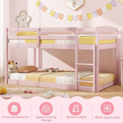 MAT EXPERT Bunk Bed Twin Over Twin, Low Wood Bunk Bed Frame w/Safety Guardrails, Ladder & Slats, Floor Platform Twin Bunk Beds for Kids Toddlers, for Dorm Bedroom, No Box Spring Needed (Pink)