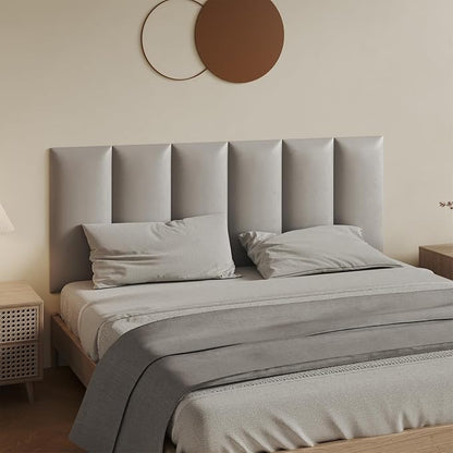 Wall-Mounted Upholstered Headboard Panels, Light Gray, 24x12 Inches, Pack of 12 – DIY Faux Leather Soundproof Padding for King, Queen, or Full Beds, Modern Accent Wall Panels