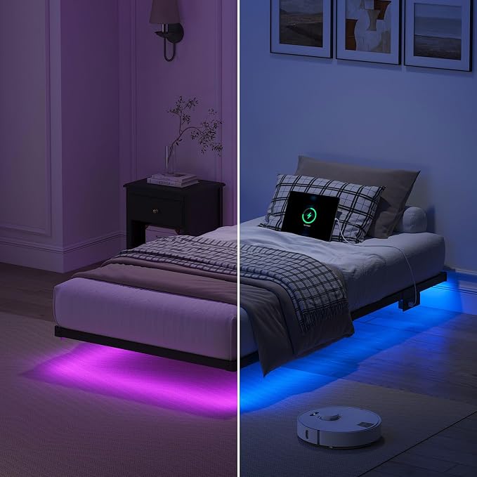 YORMDMO Floating Bed Frame Twin Size, Heavy Duty Bedframe with Smart LED Lights & Charging Station, Modern Metal Platform Bed, Easy Assembly No Box Spring Needed, 8 Inch