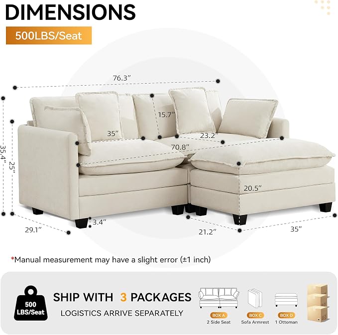 76'' Cloud Deep Seat Loveseat, Upholstered Chenille Modular 2-Seats Sectional Sofa Couch, Modern Comfy Settee Loveseat for Living Room Set, Small Apartment, Beige