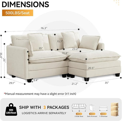 76'' Cloud Deep Seat Loveseat, Upholstered Chenille Modular 2-Seats Sectional Sofa Couch, Modern Comfy Settee Loveseat for Living Room Set, Small Apartment, Beige