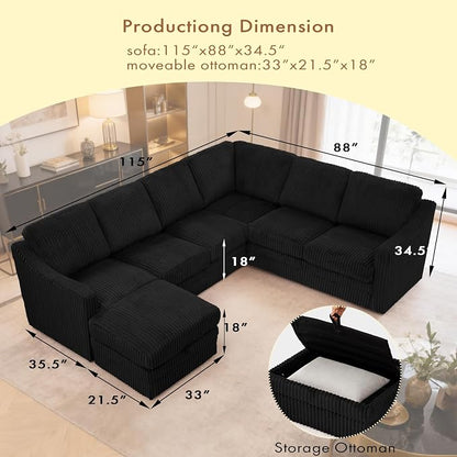 115 Inches Corduroy Sectional Sofa with Storage Ottoman, Modern 7 Seats Corner Couch with Deep Seat, Comfy Modular U Shaped Couch with Comfortable Cushions for Living Room, Black