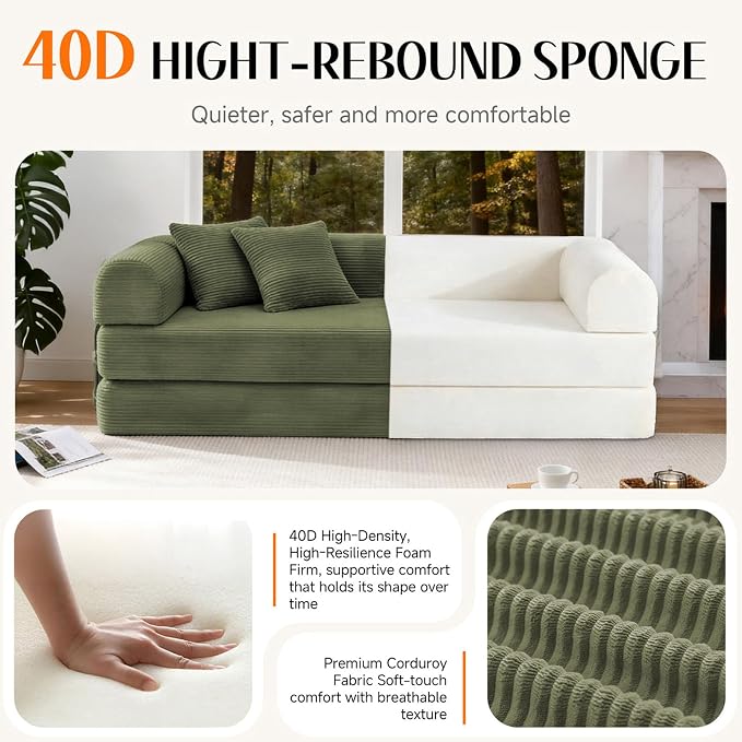 79'' Convertible Sofa Bed, Boneless Couch-in-a-Box, Corduroy Floor Futon Loveseat Sleeper, 26'' Deep Seat, Removable Machine-Wash Covers, No Assembly, 2 Pillows, Olive Green