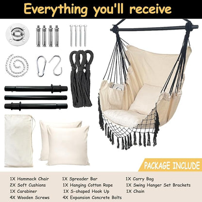 Hammock Chair Hanging Rope Swing Chair,Max 450 Lbs, Large Hanging Chair with Pocket, 2 Cushions, Removable Steel Bar, Hardware Kit Included, Sturdy and Comfortable for Indoor Outdoor (Beige)