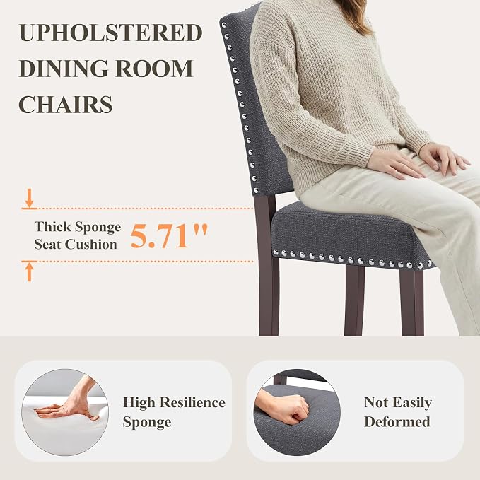 Upholstered Parsons Dining Chairs Set of 4, Modern Dining Room Chairs with Back, Fabric Kitchen Side Chairs with Wood Legs, Nailhead Trim for Dinner Farmhouse Restaurant, Darkgrey