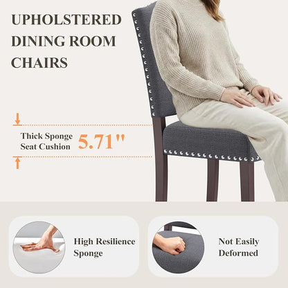 Upholstered Parsons Dining Chairs Set of 4, Modern Dining Room Chairs with Back, Fabric Kitchen Side Chairs with Wood Legs, Nailhead Trim for Dinner Farmhouse Restaurant, Darkgrey