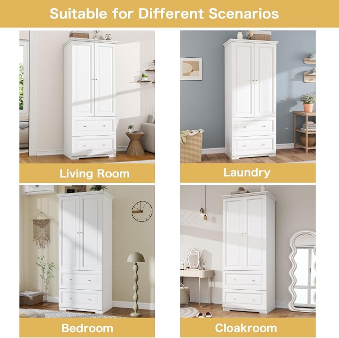 White Wardrobe with 2 Drawers: 74" Wooden Wardrobe Closet for Hanging Clothes, Tall Armoire Closet with 2 Doors, Bedroom Armoires with Hanging Rod (32")