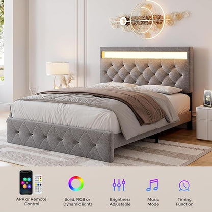GarveeHome Full Size Bed Frame with Charging Station and LED Lights, Upholstered Bed Frame with Adjustable Headboard, Heavy Duty Wood Slats, No Box Spring Needed, Easy Assembly, Grey