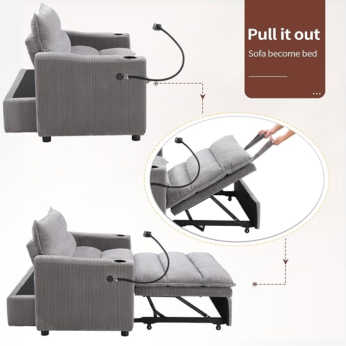 HAOMARKETS 3-in-1 Convertible Loveseat Sleeper Sofa Bed, 2-Seat Pull Out Couch with Cup Holders, Phone Holder and USB Ports, Corduroy 3-Level Adjustable Backrest Couches for Living Room, Grey