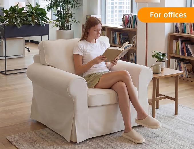 Mistpeople Modern Loveseat Sofa Couch, Upholstered Comfy Sofa with Pillows & Armrests, Deep Seating Couch with Removable Cover for Living Room Bedroom Apartment Office Small Spaces, Beige