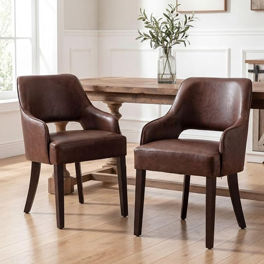 Faux Leather Upholstered Dining Chairs Set of 2 with Arms | Brown faux leather upholstery, solid wood legs, curved open back, padded seat, easy-care surface, dining room, kitchen