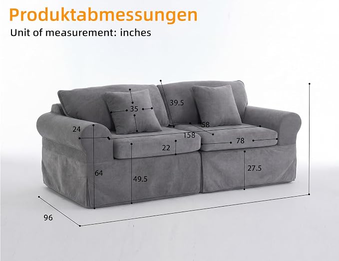 Mistpeople Modern Loveseat Sofa Couch, Upholstered Comfy Sofa with Pillows & Armrests, Deep Seating Couch with Removable Cover for Living Room Bedroom Apartment Office Small Spaces, Grey 3 Seats