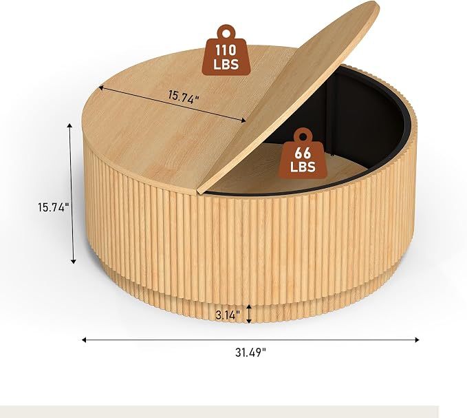 LEVNARY 31.5" Round Coffee Table with Storage, Boho Coffee Tables with Fluted Base, Wooden Circle Accent Center Table for Living Room Small Space Apartment Office (Natural)