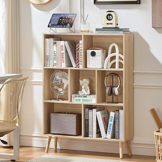 LEYAOYAO Cube Bookshelf 3 Tier Mid-Century Light Wood Modern Bookcase with Legs,Retro Wood Bookshelves Storage Organizer Shelf,Freestanding Open Book Shelves for Bedroom,Living Room,Office
