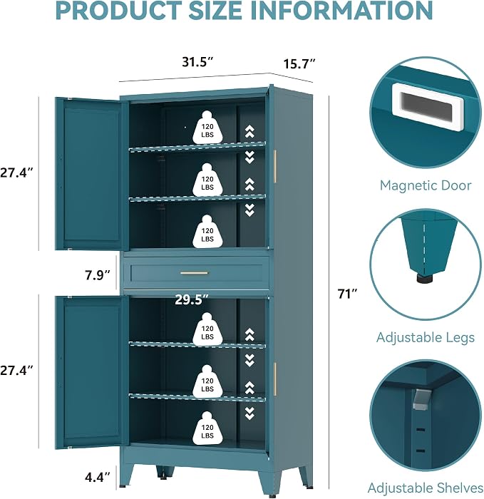 Baborokic 71" Tall Metal Storage Cabinet with Adjustable Shelves,Farmhouse Kitchen Pantry Cabinet with 2 Barn Doors and Drawer,Large Storage Cabinets for Dining Room,Bathroom,Living Room(Blue)