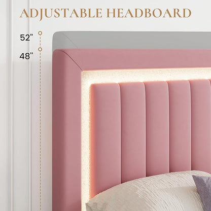 SHA CERLIN Full Size Velvet Bed Frame with LED Light, Adjustable Vertical Channel Tufted Headboard, Strong Wooden Slats Support, Noise-Free, No Box Spring Needed, Pink