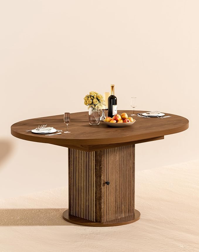 43"-59" Extendable Round Dining Table for 4-8 with Hidden Storage, Oval Dining Room Table with Removable Leaves, Modern Farmhouse Fluted Wood Kitchen Table for Living Room, Walnut