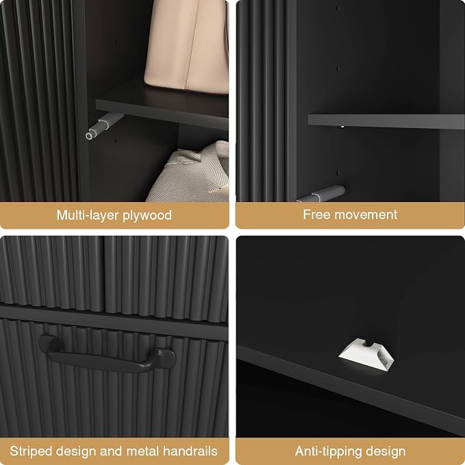 Black Fluted Wardrobe Closet with Mirror and Light, 3-Door Armoire Wardrobe with 2 Drawers, Hanging Rod, Shelves, Freestanding Bedroom Storage Cabinet